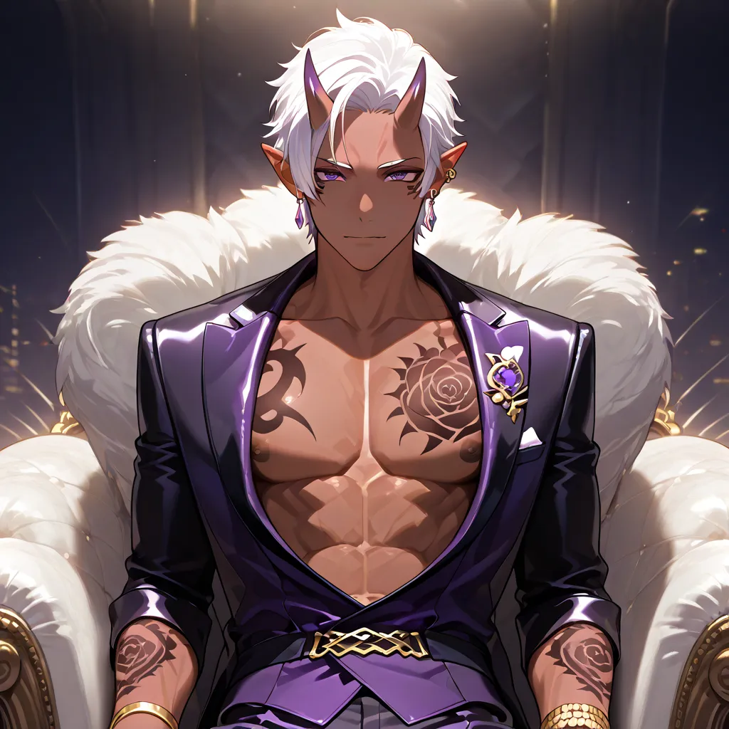 Black-skinned Oni boy,  tied white hair , purple eyes, rock tattoos, Pointy ears, Luxurious suit clothing, shirtless with earring, Alone 