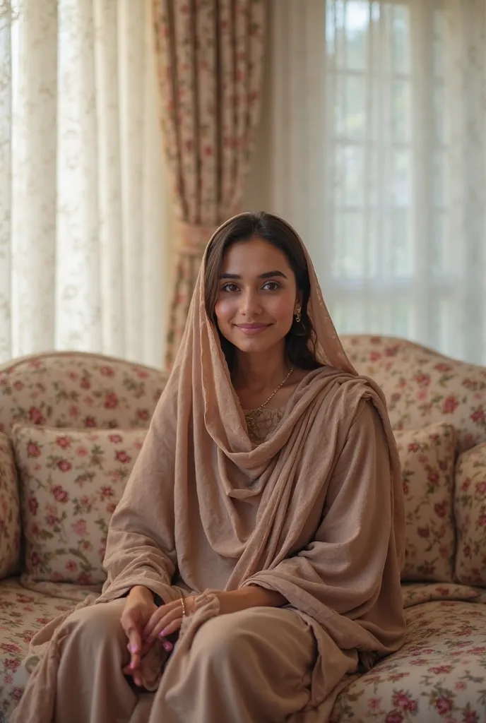 Pakistani woman wearing Dupatta on her head,and wearing Shalwar Kameez, could be seen while sitting on sofa,curtains should also be seen prominently, she should look happy and independent working woman.