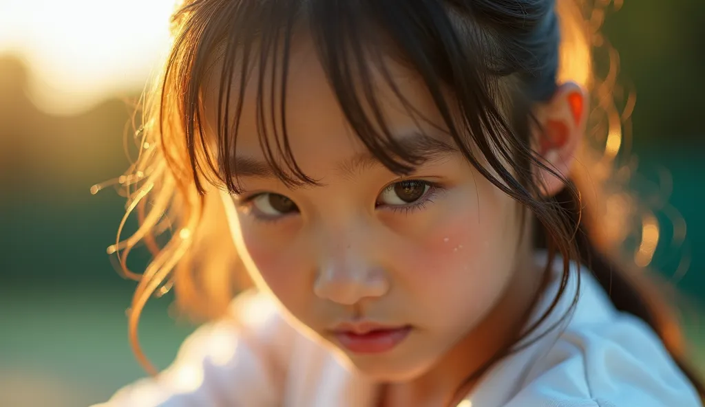 Japanese high school girl in tennis club uniform, intense focus during match, sweat droplets on forehead, Nikon D850 50mm lens, golden hour lighting, realistic skin texture, dynamic motion blur background, 8k resolution --v 6.0 --style raw