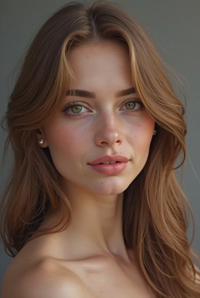  generate a portrait , Realistic Russian traits of a 24-year-old woman,  with pale skin , cabello castaño, straight hair,  very pronounced cheekbones, profiled nose, stunningly beautiful profiled chin , thin lips, in profile and in the forehead without you...