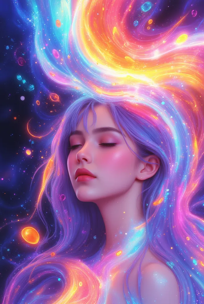 Bring the face to life with soft blinking and SMILE, expressive micro-expressions. SMOOTH 3D HEAD ROTATION and HANDS MOVE. Transform this illustration into a fluid, animated scene. Make the iridescent, swirling energy ribbons gracefully shift and pulse in ...