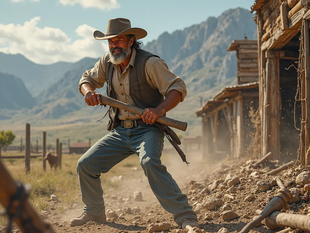 a farmer with a hammer in his hand tearing up the buildings on the ranch in the background, cattle fences and mountains 