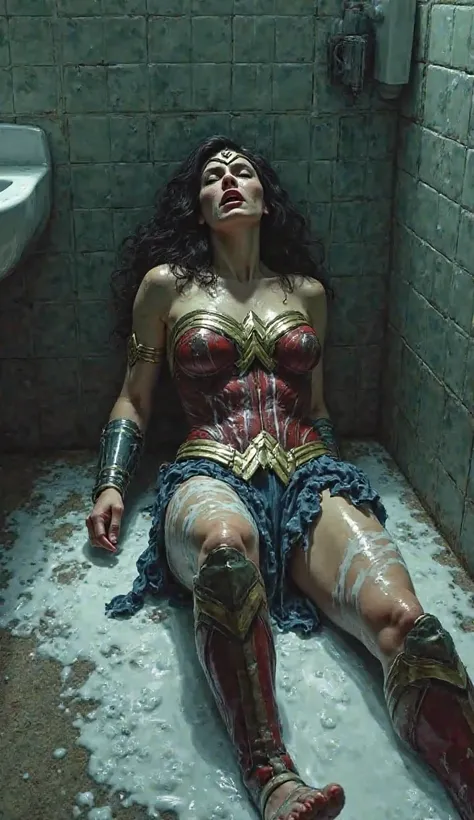  wonder woman on ground ,inside a dark toilet room, white milk flows on her face to breasts,wonder woman is crying loudly 