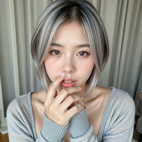 [sweater only, without clothes down, half open sweater, seductive look, seduction, biting half of his lips, (Put Your Hands Up) ], [a young and beautiful woman with a gray, white and silver short hair, hime cut hairstyle, gorgeous youngful Korean woman, be...