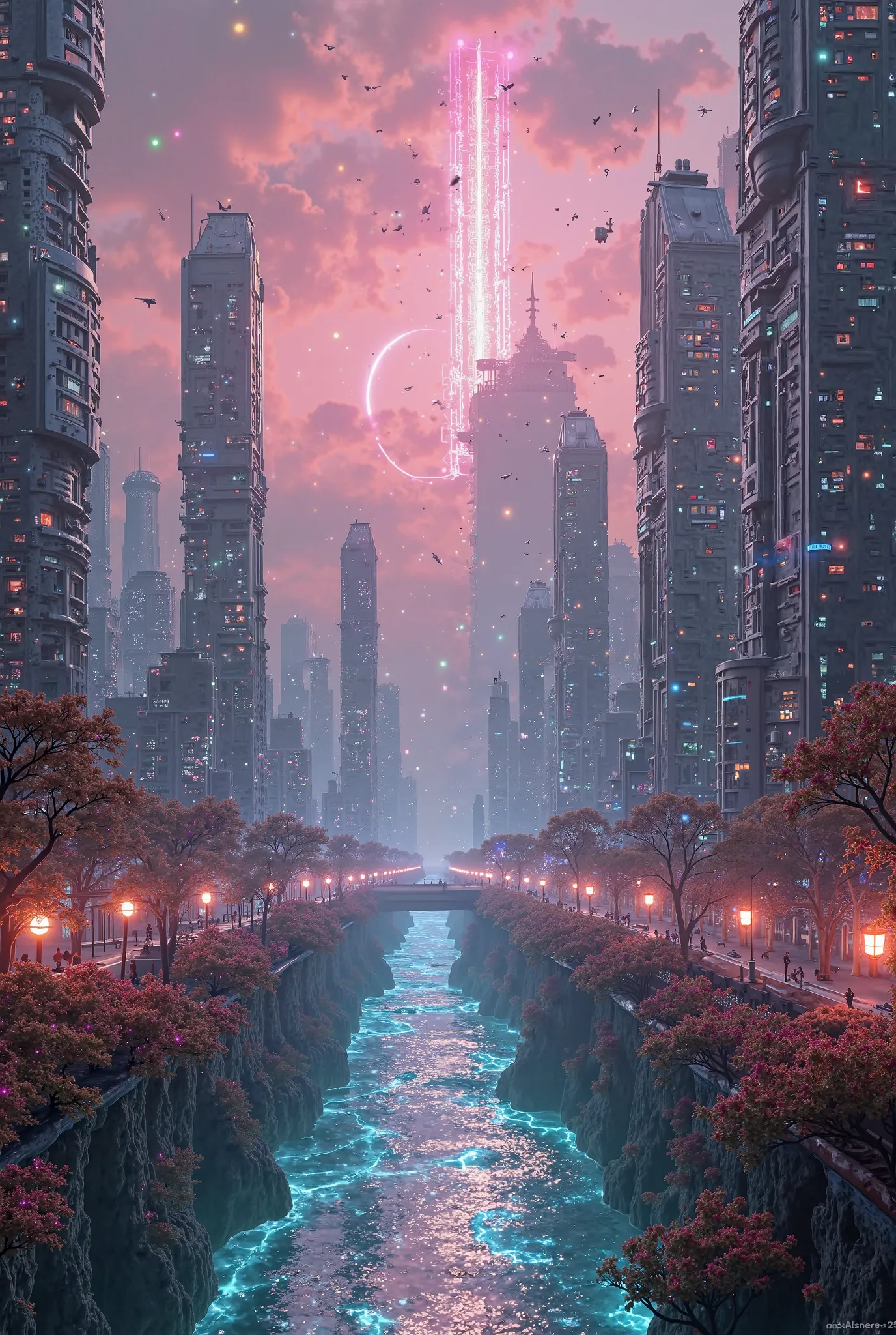 Generate this image which is described in that prompt;

Prompt:
"Generate a hyper-detailed, photorealistic depiction of a quantum-neon metropolis situated within a multidimensional fractal nexus, blending elements of biomechanical cyberpunk architecture wi...