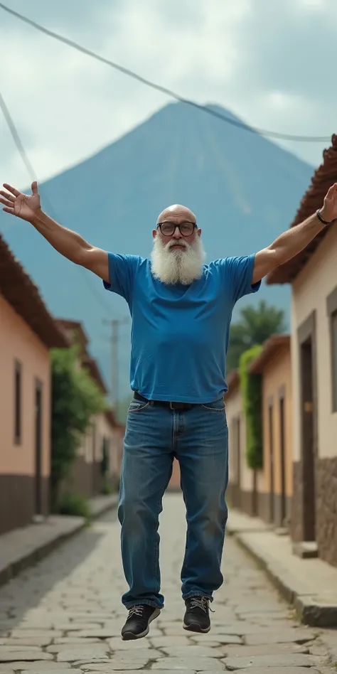 This is a bald man with a white beard who is floating above the air with his arms extended, this hairy man has square lenses, has a blue shirt and blue canvas pants and black sneakers and is floating above the air, he is on a street with stones and around ...