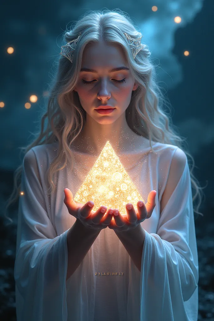 Beautiful Pleiadian being creating pyramids of colored fractals with lines that transform into rivers of light, bright pulses on the palm, subtle cosmic background, intense central light, vertical."**