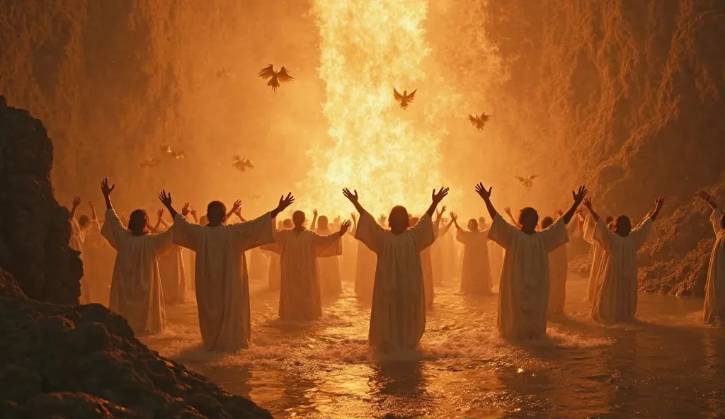 Generate an image of 30 people in white robes,  arms extended upwards , These people are inside a lake of fire, Ambient light is brown, Are there rocks around, Are there angels flying over places with gold cups in their hands to pour water over the heads o...