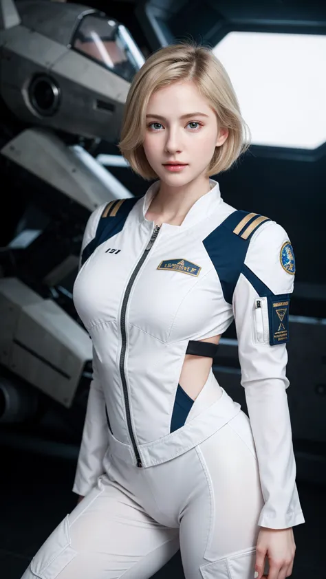 ((best quality)), photorealistic, photorealism, Photorealistic, high resolution, Beautiful, Baby Face, , White Skin, pale skin, Medium breast, Combat pose, looking at the camera, (Detailed face), curtain hair, short hair, blonde hair, (wearing pilot suit, ...