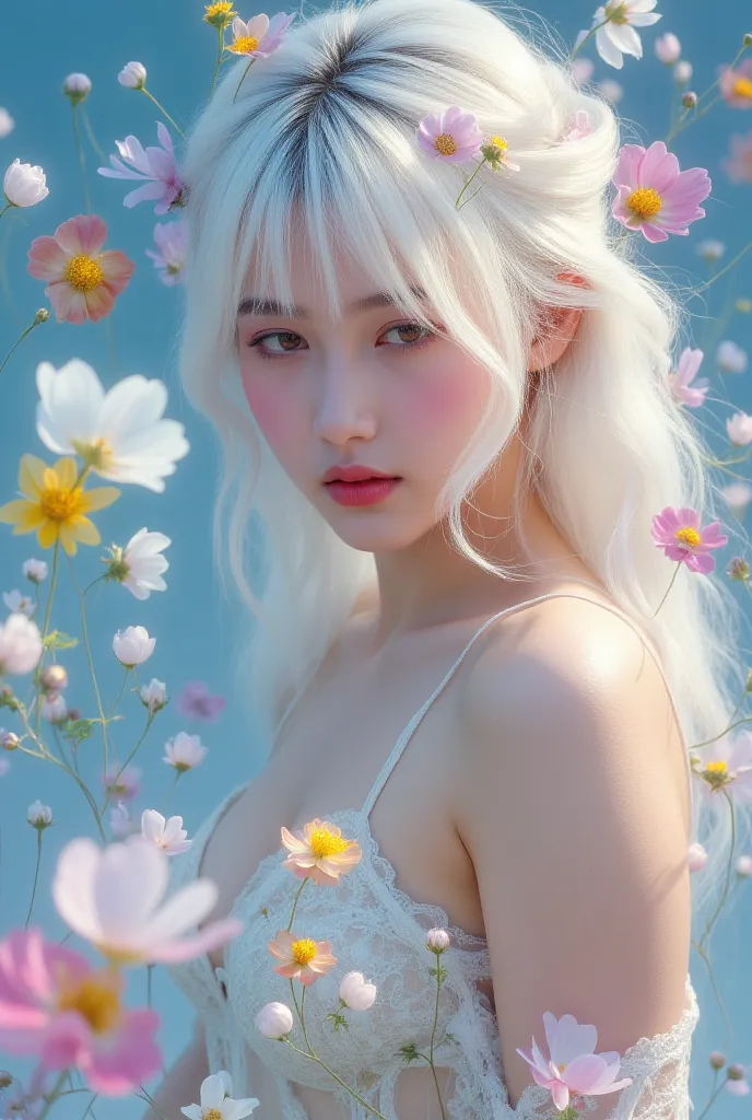 Captivating and mesmerizing portrait of an attractive woman with white, medium length hair harmoniously intertwined with delicate, translucent flowers. The flowers seem to be part of her hair, creating a dreamlike and surreal effect. She is wearing a delic...