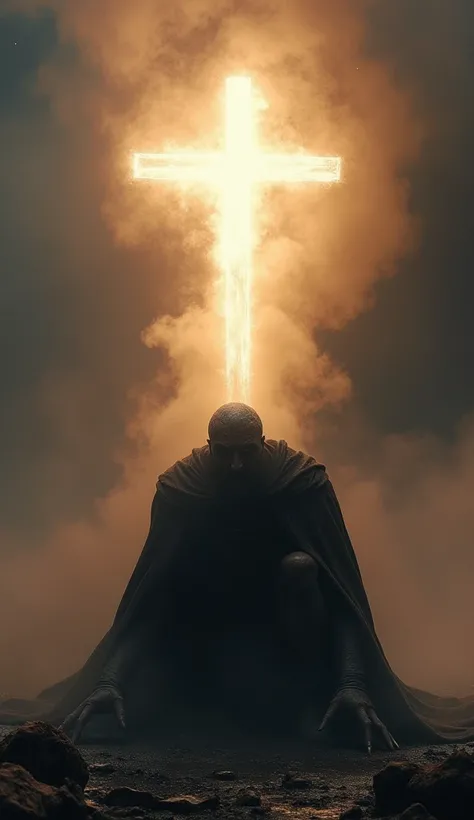 "A powerful scene where Satan, weakened, is on his knees, his claws trying to grip the ground as his form dissolves into black smoke. In the sky, a bright cross shines with an intense light, symbolizing the victory of faith."