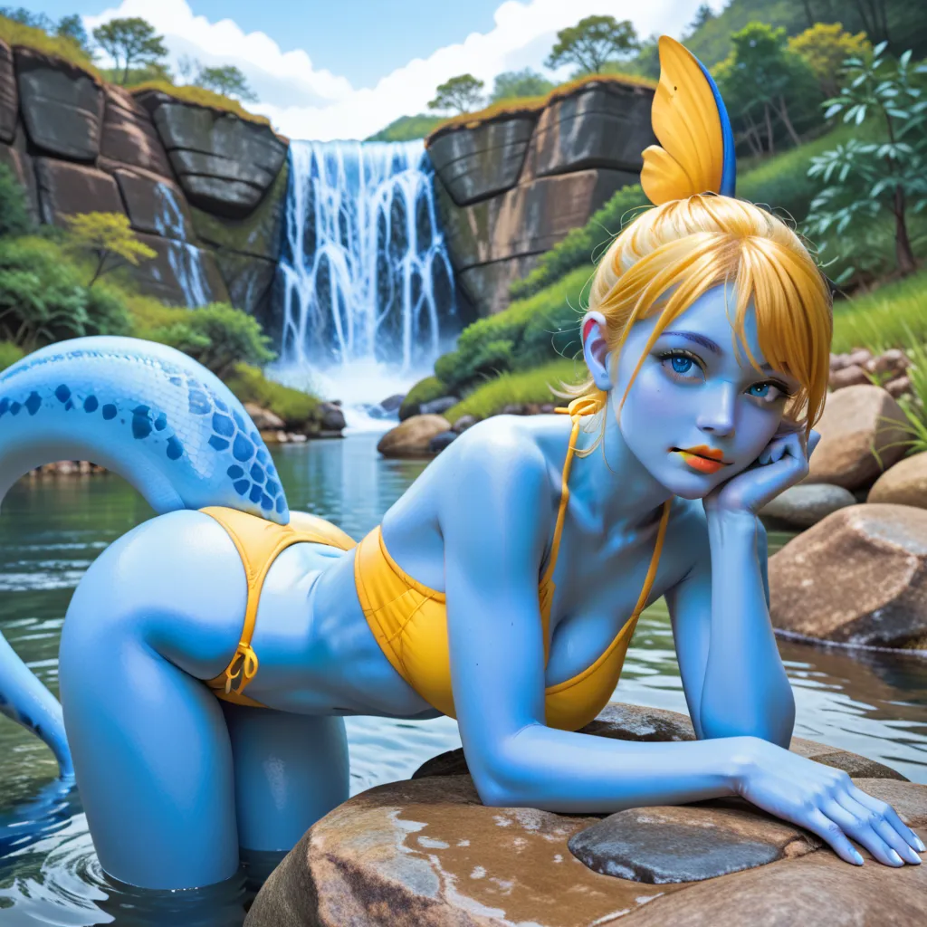 score_9, Sobble, anthropomorphic woman, human face, light blue eyes, short yellow hair, (blue skin:1.5), yellow lips, fin on head, lizard, tail, curled tail, yellow thong bikini, sexy pose, hands resting on a rock, bent over emphasizing breasts, lake with ...