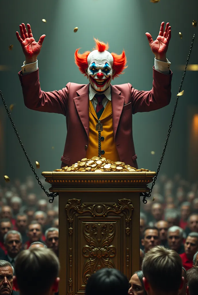 A bloodied clown-headed president shackled by a neck chain and his hands rose above a pulpit full of money and gold coins while giving a speech to his people faced down syndrome