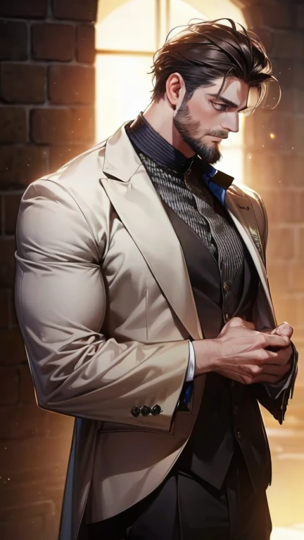 (  best quality,4K,8k,   highres,  masterpiece :1.2),  breasts  ,(Realistic,photoRealistic,photo-Realistic:1.37),36-year-old man,3 day beard,Beautiful anime,Portraits,strong,masculine,     with dark hair  ,sharp jaw,      mesmerizing green eyes   ,    perf...