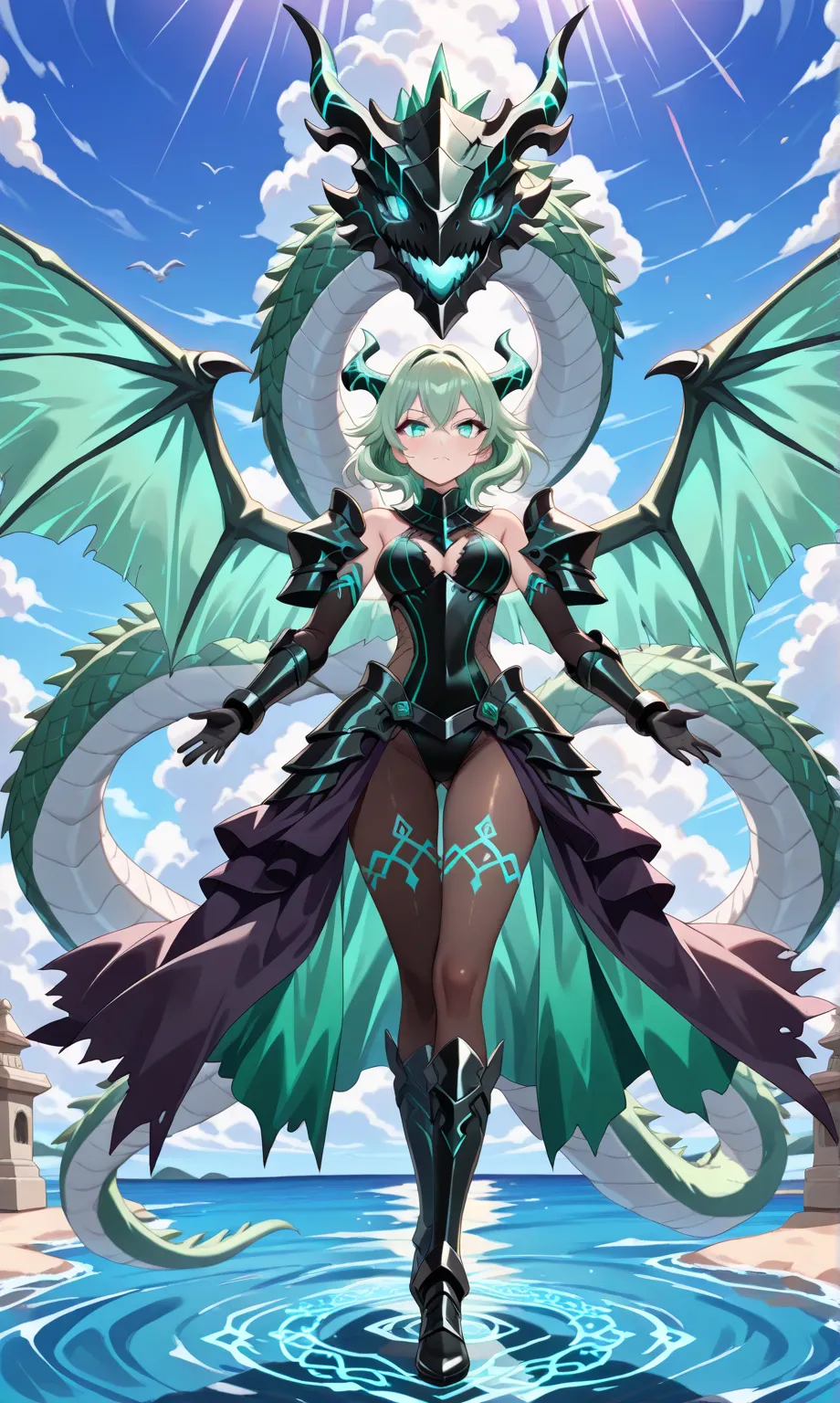 (((masterpiece, best quality, high detailed, 16k))) (1girl) A terrifying woman with flowing green hair resembling writhing tentacles, her skin a deep sea-green and covered in glowing, ancient runes. Her eyes burn with an otherworldly light as she rises fro...