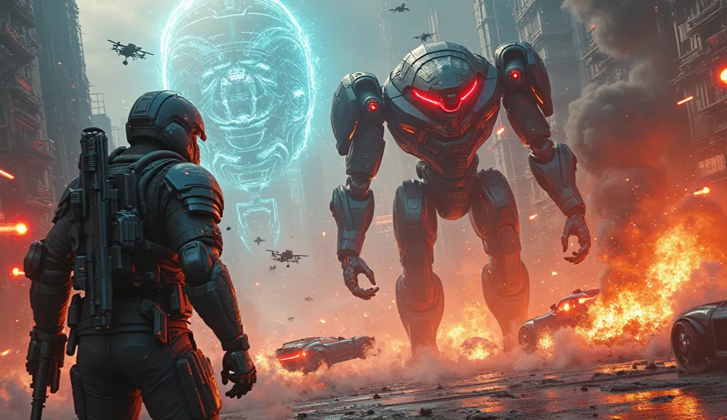 "A breathtaking sci-fi battle scene set in a futuristic city engulfed in chaos. In the foreground, a fierce confrontation unfolds between an elite armored soldier in a high-tech exosuit, holding an energy rifle, and a towering, menacing combat robot with g...