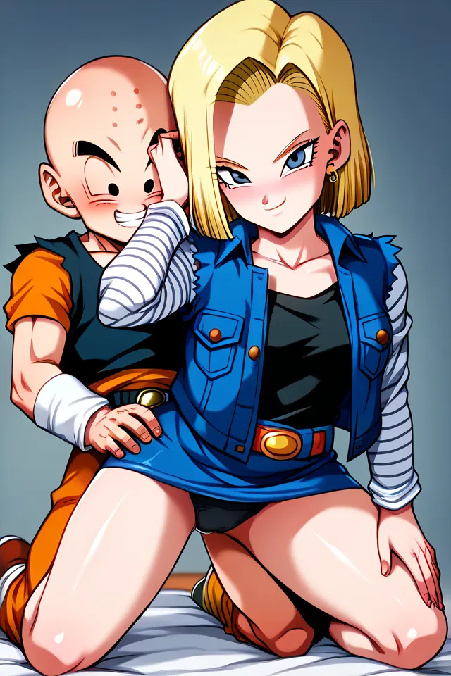 score_9, score_8, medium breasts, (curvy), cute, eyelashes,      ,,,  zzAndroid18,Krillin, blue eyes, blonde hair, short hair, jacket, denim, denim jacket, jewelry, earrings, long sleeves, shirt, skirt, belt, stripes, 
, blush, smug, horny, 
(adjusting hai...