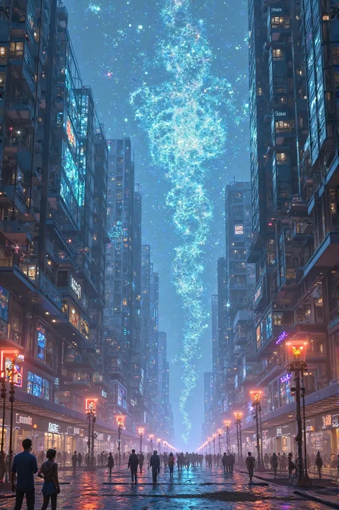 Modern Pleiadian city with buildings that form fractals of light and shadow, neon lights and holograms, vertical view from bottom to top