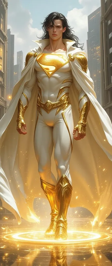 Full body photorealistic handsome hunky young slender futuristic young Superman with black long hair wearing a white micro scale textured costume gold detailed on the costume a gold  gloves and boots, and wristbands that  manipulate brain energy , his body...