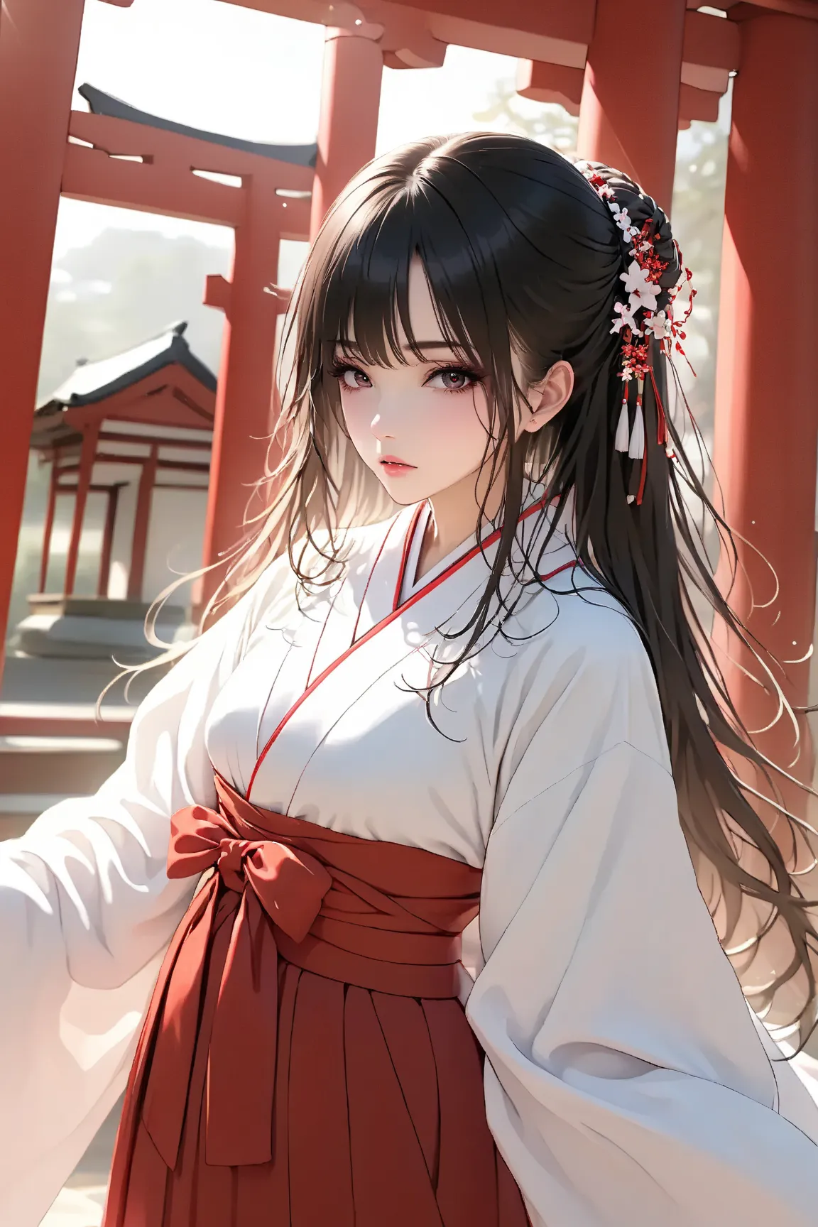 (Top Quality、high image quality、 high accuracy、masterpiece:1.4)、16k、photorealistic、Woman dressed in a shrine maiden outfit、white coat、Red Hakama、dynamic composition、natural light、Black、portrait、photo shoot