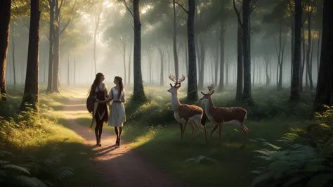 A beautiful goddess with long flowing brown hair, gently extending her hand towards a majestic white deer in an enchanted forest. The deer gracefully approaches her, their eyes meeting in a moment of deep connection. A soft, ethereal glow radiates from the...