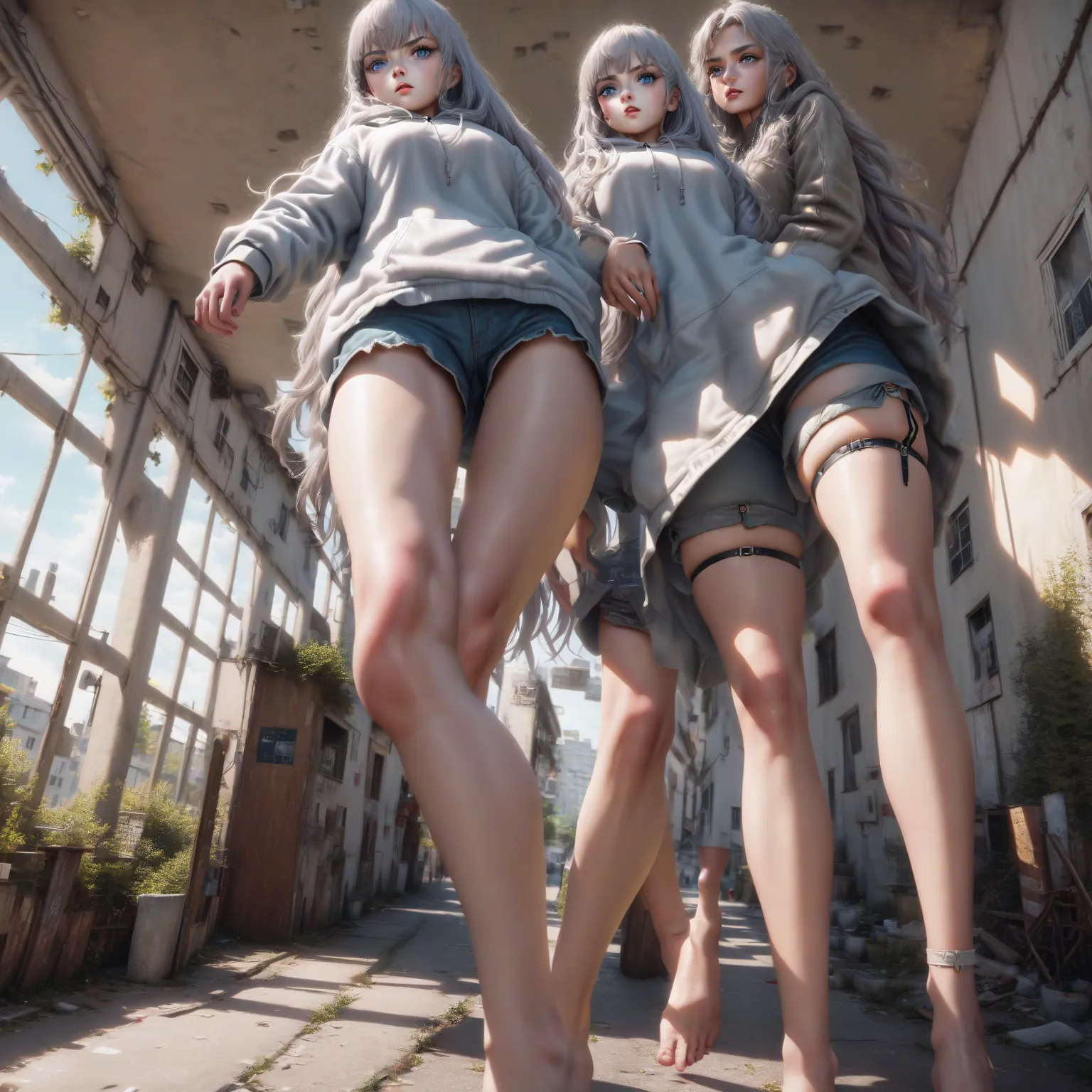 4K, 8k, High Resolution,  ultra-fine in 8K, realistic, photographic realism, Giant girl, Gray Hair, light blue eyes, long hair, Background street, shorts, Bare legs, garter ring,  Bbo~, 白い Bbo~, Gray Hair,  white hoodie,  looking from below, low angle,  wh...