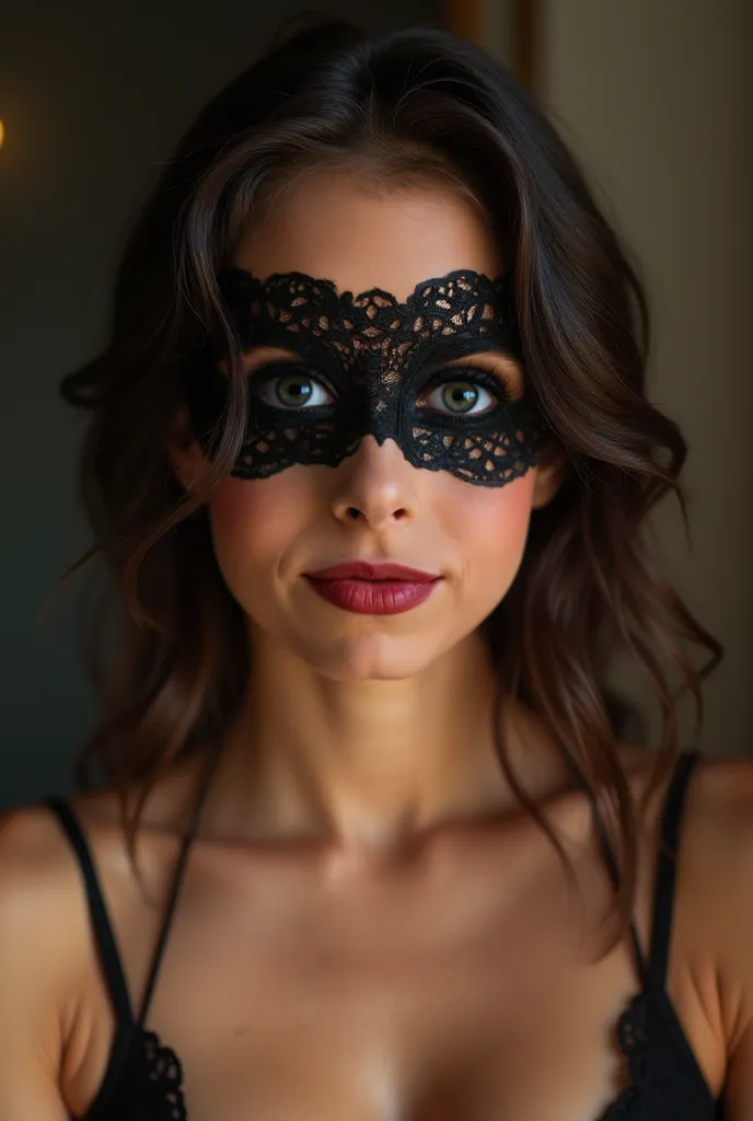  Front face of a woman. Jill Kassidy , dark brown hair  , very white skin,  Perfect slim body , perfect breasts. realistic. Dresses in sexy black lace lingerie and a black lace mask covering her eyes. . Her face and full head are shown without cuts and par...