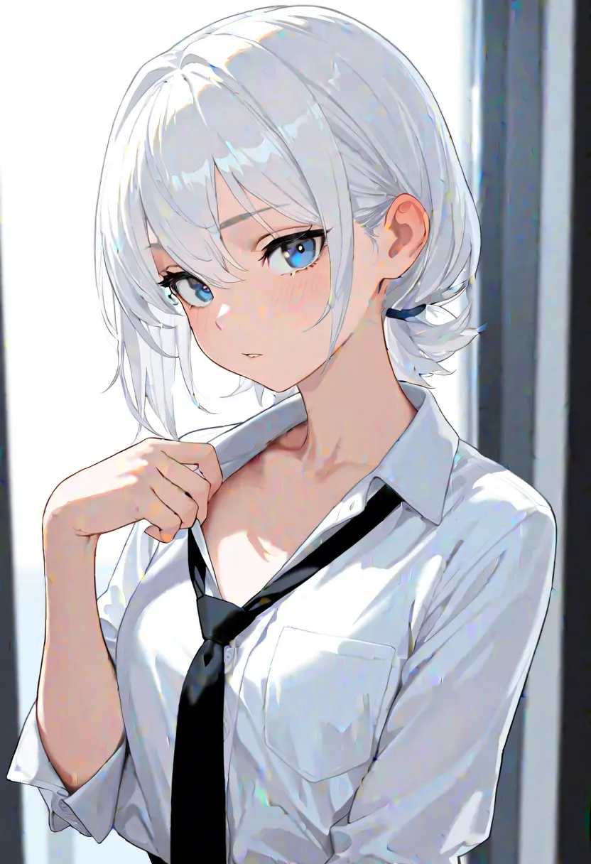 masterpiece, the best quality, incredible quality, very aesthetic, High resolution, woman,  boy, white hair,  attractive, blue eyes, white shirt, black tie, egocentric expression,  Troubled Hair