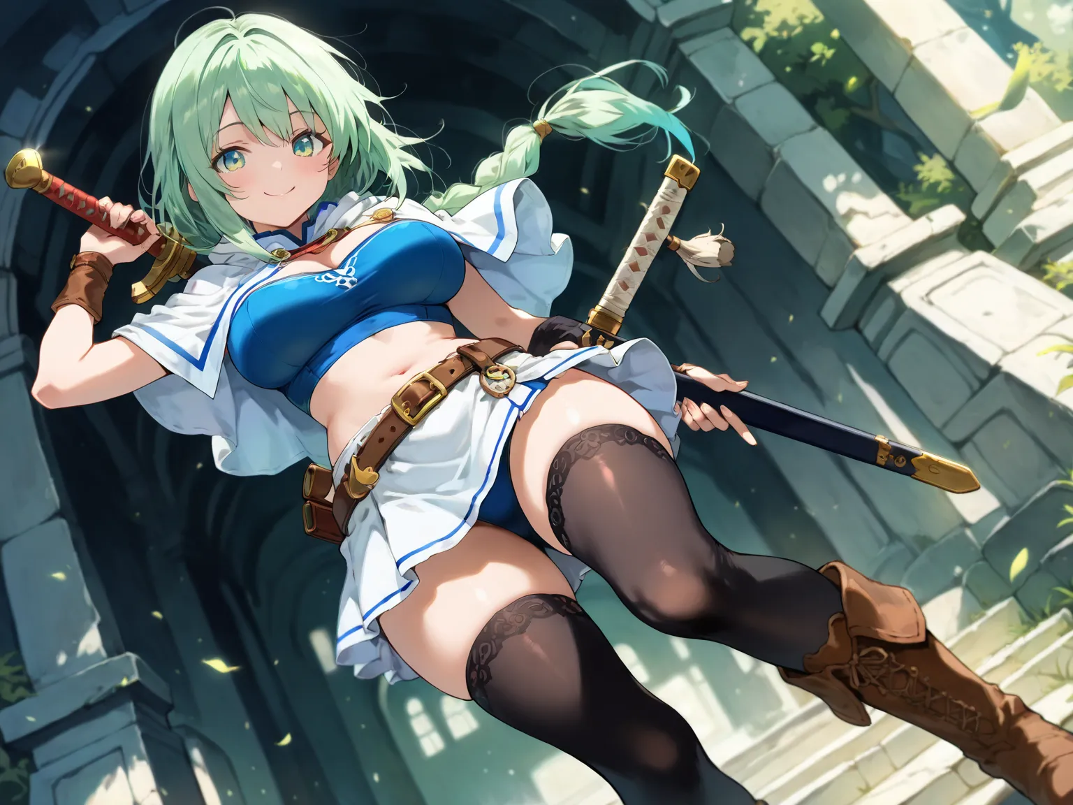 dutch angle, smile,


masterpiece ,best quality ,amazing quality ,absurdres, very aesthetic, detailed background, intricate details,
anime coloring,
,
large breasts, navel, thighs, large breasts, green hair, very-long hair, single braid,, white skirt, shea...