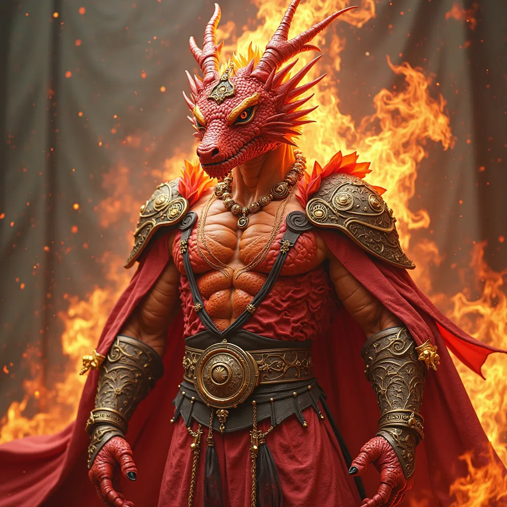 Hyper realistic photo image. Beautiful Male Celestial flaming red kimono dragon God. Full coverage of bright flaming red colored iridescent metallic scale dragon-human hybrid male with v-shaped torso very extreme muscular large body builder with narrow wai...