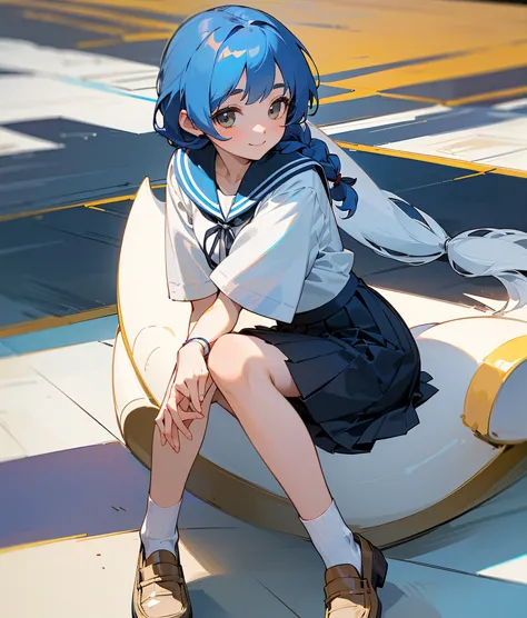 (highest resolution in elementary school,  clear _ images,1 person), (Top Quality,  masterpiece, very detailed, Semi-realistic, deep blue hair,Immature woman,braids, white sailor suit,golden droopy eyes,black loafers,beautiful legs,Top Quality,  masterpiec...