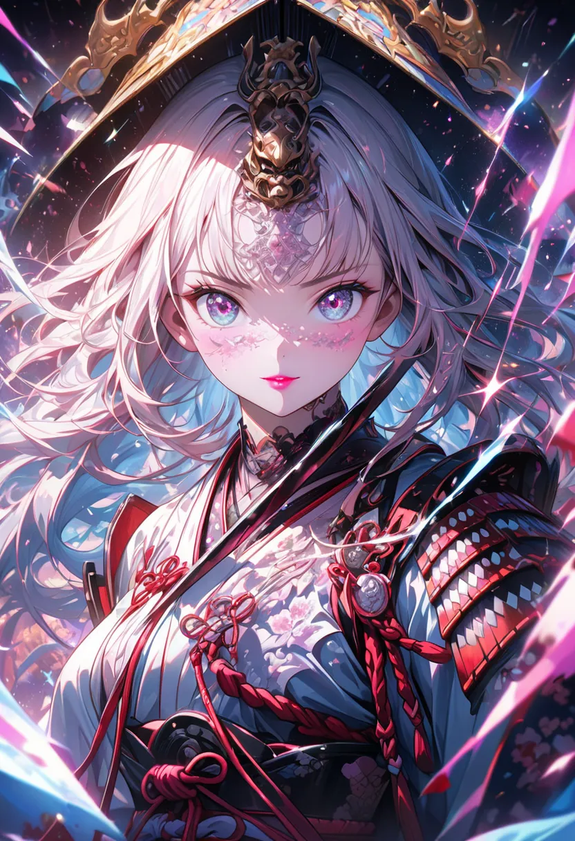 ((Girl, Samurai, Japanese Armor, Long Hair, Pink Lipstick))), ((High Resolution, Ultra High Resolution, Kaleidoscope Image, Symmetrical Pattern, Vibrant Colors, Geometric Shapes, Captivating Design, Optical Illusion, Dynamic Composition, Pantomime Art, Exp...