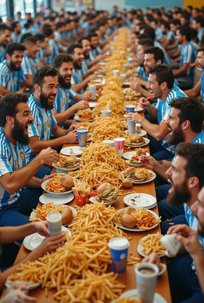 A surreal and humorous scene where hundreds of identical soccer players, resembling a short and bearded Argentine legend, all wearing blue and white national team uniforms, are sitting inside a massive McDonald's restaurant. The perspective is from above a...