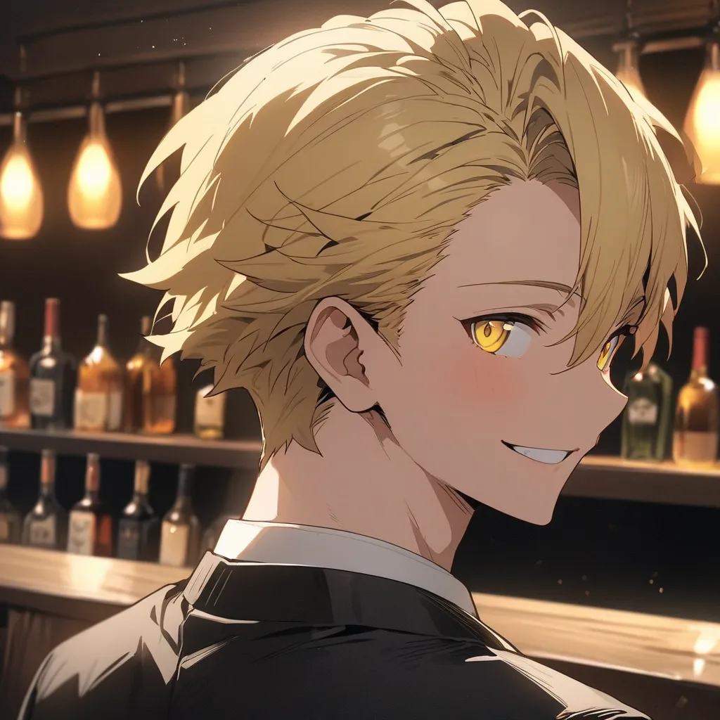 High Resolution, masterpiece, high quality, List、solo, 1 man、watching viewers、Mainly Face、24-year-old male、simple black suit、accessories、Alcohol、host、bungs、Nape、short hair、室内にsolo、yellow hair、
Shortcut, smiles, have twinkling eyes, anime style、