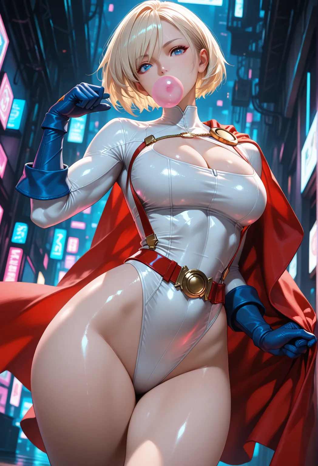 masterpiece, best quality, vibrant, very aesthetic, high contrast, semirealistic, newest,  
scenery, neon rim light, dark, 1girl, POWER GIRL, small to medium sexy breasts, wide hips, huge butt, sexy muscular thighs, focus on thighs, white highleg transpare...