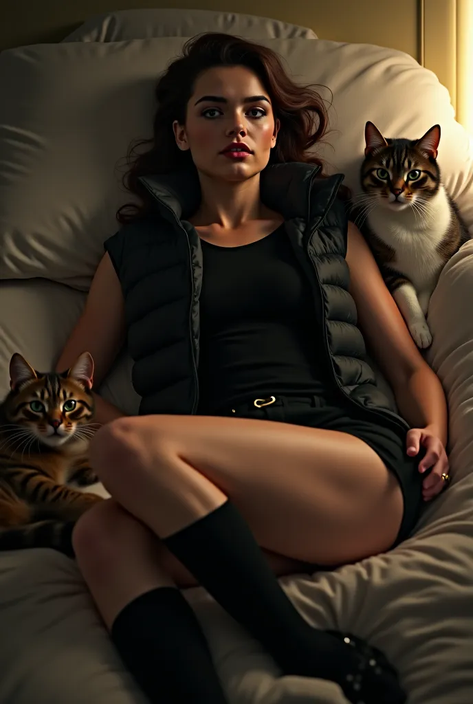 Lana del Rey wearing a black t-shirt with a sleeveless black puffervest and knee high socks with loafers lying in bed with two s 