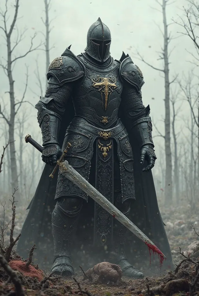 A Chevrolet 2007 Suburban imagined as a Knight in black armor holding a sword down with nearby dead bodies and tall but thin, Alongside an Accent 2016 with light armor and white skin