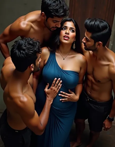 Top view, Full body image, a group of Indian shirtless 20 year old  men romantically looking in to the eyes of to Indian busty breasts plus sized 20 year old beau6woman wearing silky deep neck body tight dark blue colour  low waist glossy saree and blouse,...