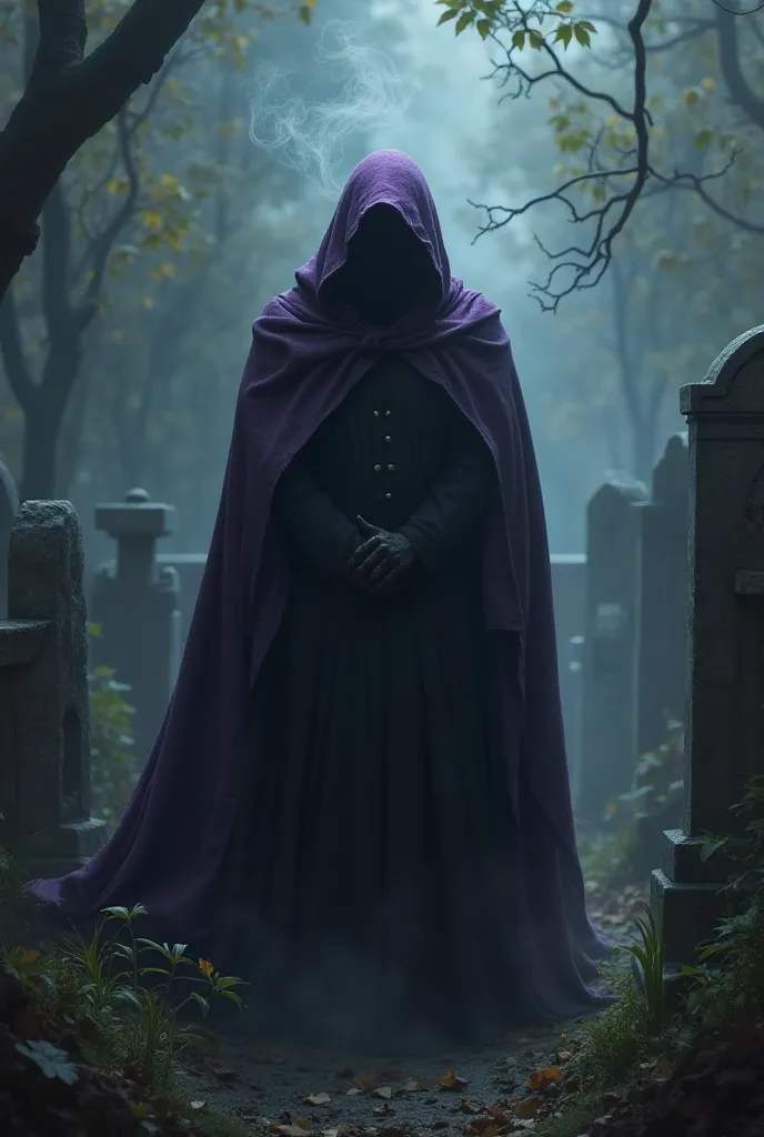 A black ager, crouched, wearing a hooded violet cape over his head, Blowing smoke, in a cemetery background, looking like an exu mirim