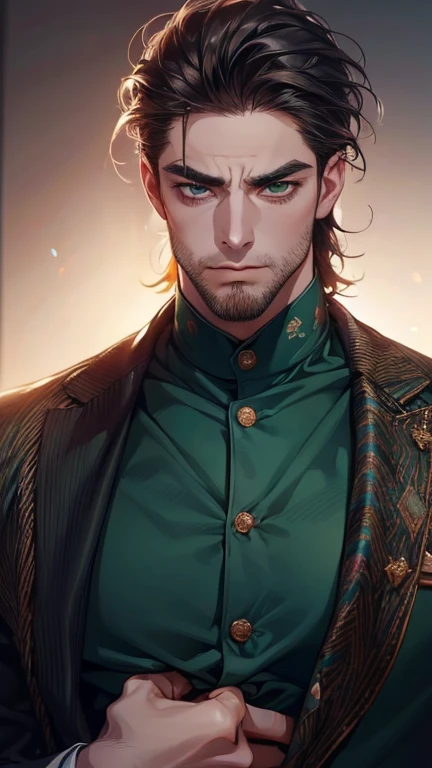 (  best quality,4K,8k,   highres,  masterpiece :1.2),  breasts  ,(Realistic,photoRealistic,photo-Realistic:1.37),36-year-old man,3 day beard,Beautiful anime,Portraits,strong,masculine,     with dark hair  ,sharp jaw,      mesmerizing green eyes   ,    perf...