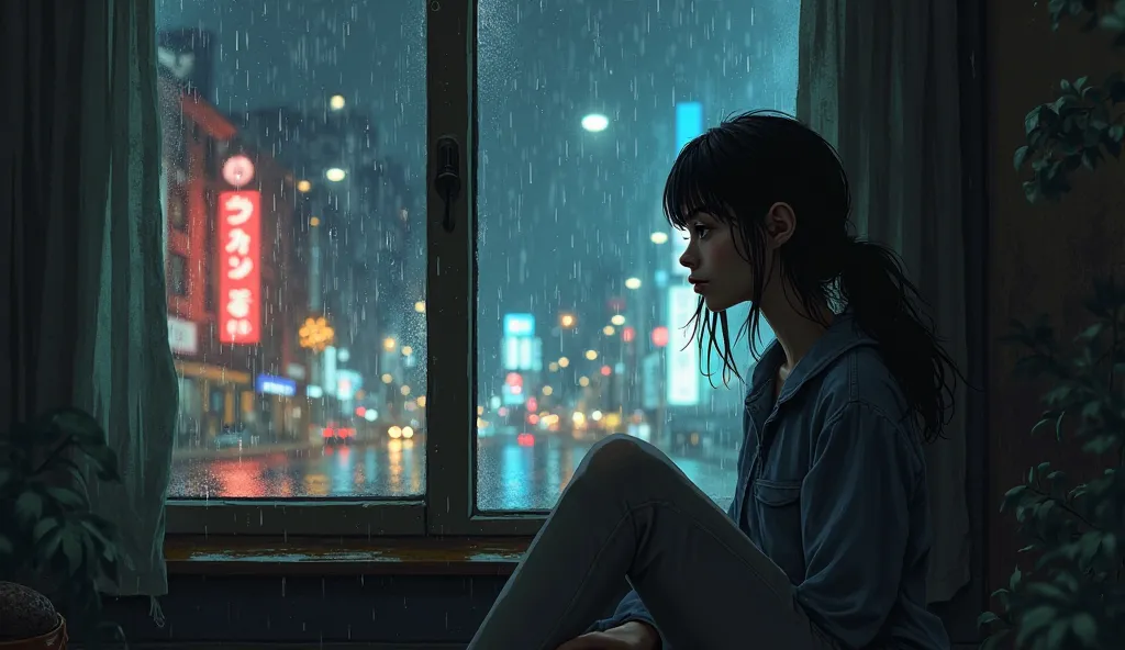 rainy night girl sitting in window