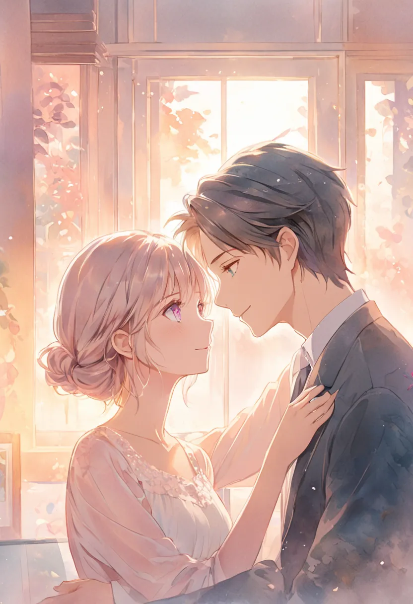 A warm, heartfelt anime-style illustration in soft pastels and delicate watercolors. Show the couple in a quiet, intimate office moment—perhaps sharing a soft smile or exchanging a meaningful glance. Their eyes radiate genuine, unhidden love that seems to ...