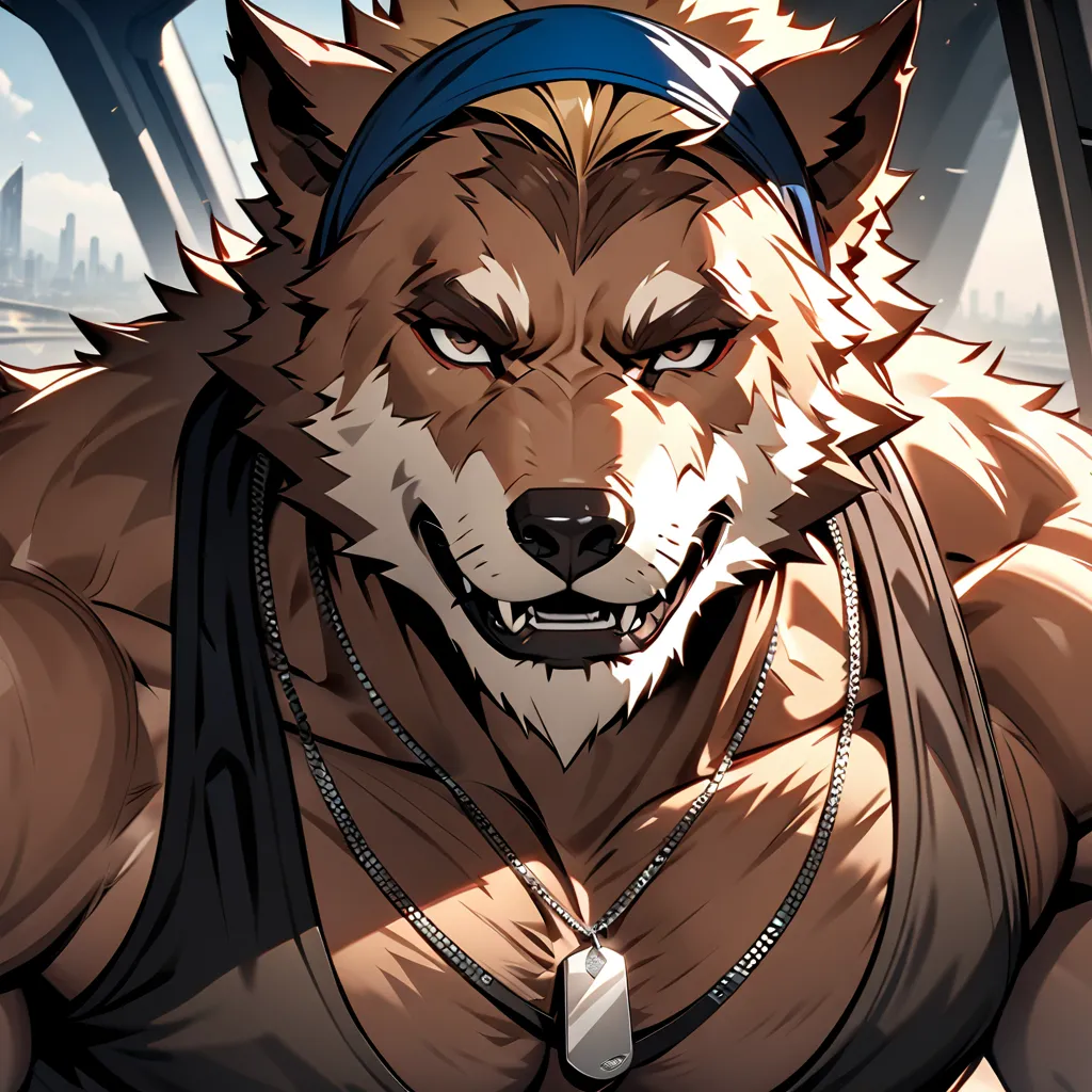 masterpiece, high quality, 8K, HDR, SOLO, Wolfstar from visual novel "Wolfstar: Sins and Paradise". Portrait. werewolf, short spiky blonde hair with small pony tail tied with blue hairband, wolf, perfect brown eyes, Head and pectorals focus. Masculine, buf...