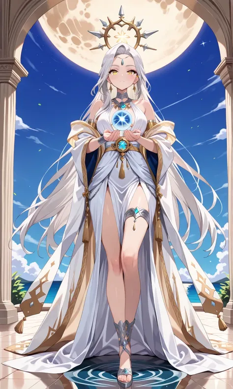 (((masterpiece, best quality, high detailed, 16k))) (1girl) A radiant goddess with long flowing white hair and piercing golden eyes, dressed in shimmering white robes that glow under the full moon. Her body is adorned with silver ornaments, and a glowing o...