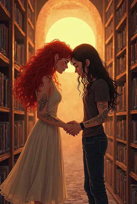 I want a book cover, my characters are Aeliana and Elio, Aeliana is a redhead, curly and long hair and has heterochromia, A little fuller, Elio has medium black long hair and tattoos, The cover is in a library, Aeliana and Elio try to touch each other with...