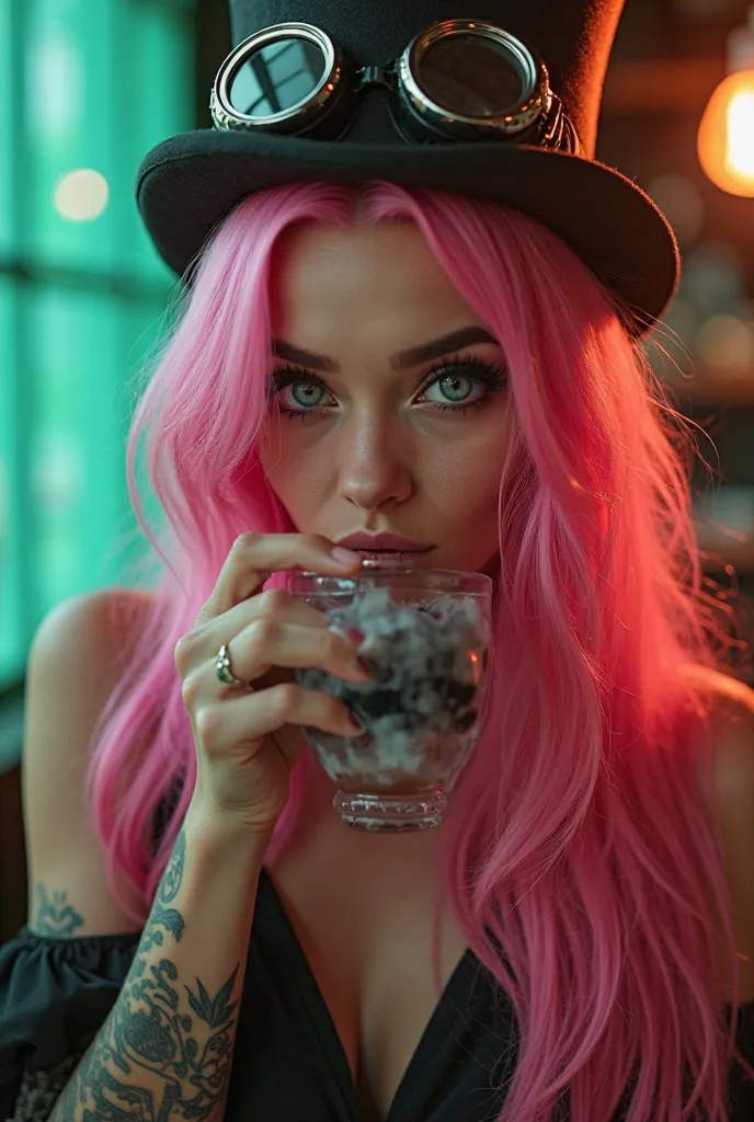 emerald green and red gradient background、old cafe 、Femboy's long pink hair, My blue eyes are blinking、With an ecstatic look、green eyes。 Drink steaming coffee、A fusion of tattoo steambank and rock
Top Hat Goggles High Definition Model, very detailed, 