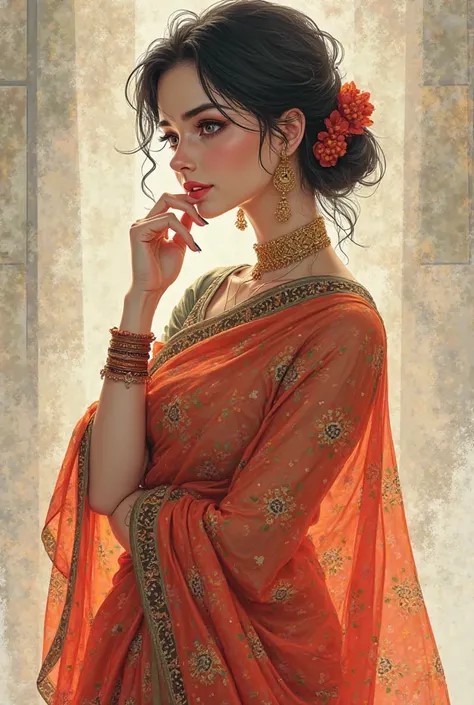 An anime girl looking to the left, putting her hand on her jaw and smiling slightly, full body and saree 