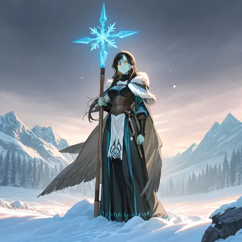 Anime-style. The scene portrays a tribal orc warrior standing in a vast, snowy wilderness. She is tall and strong, yet possesses a strikingly feminine appearance. Her soft green skin contrasts with the icy surroundings, and her intense yellow eyes radiate ...