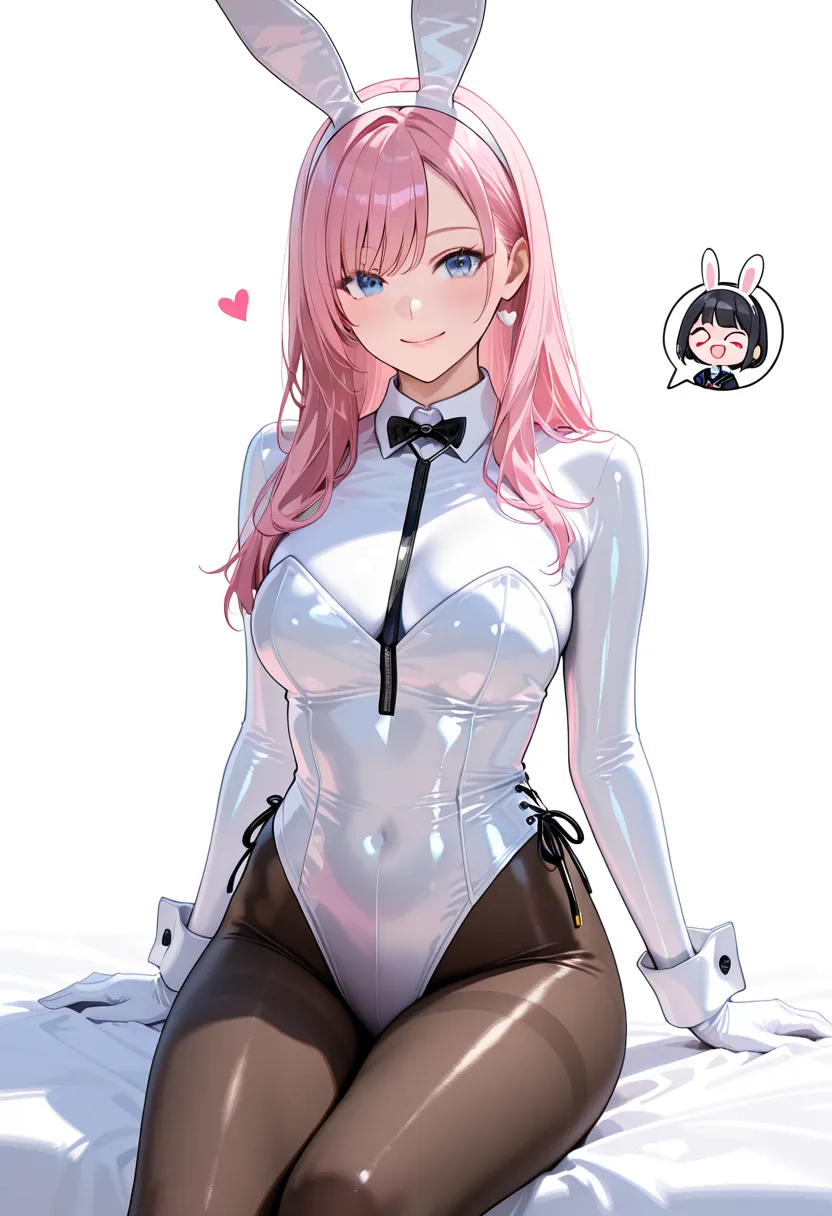  Heart's Pupil 、black tights、bunny girl,super realistic,high quality,Detailed,4K Rendering,white studio background with,Smiling face,rabbit in a bodysuit,Wore a black and white enamel luster bodysuit,Turn around and sit、latex、Blue Eyes、 pink long hair,Attr...