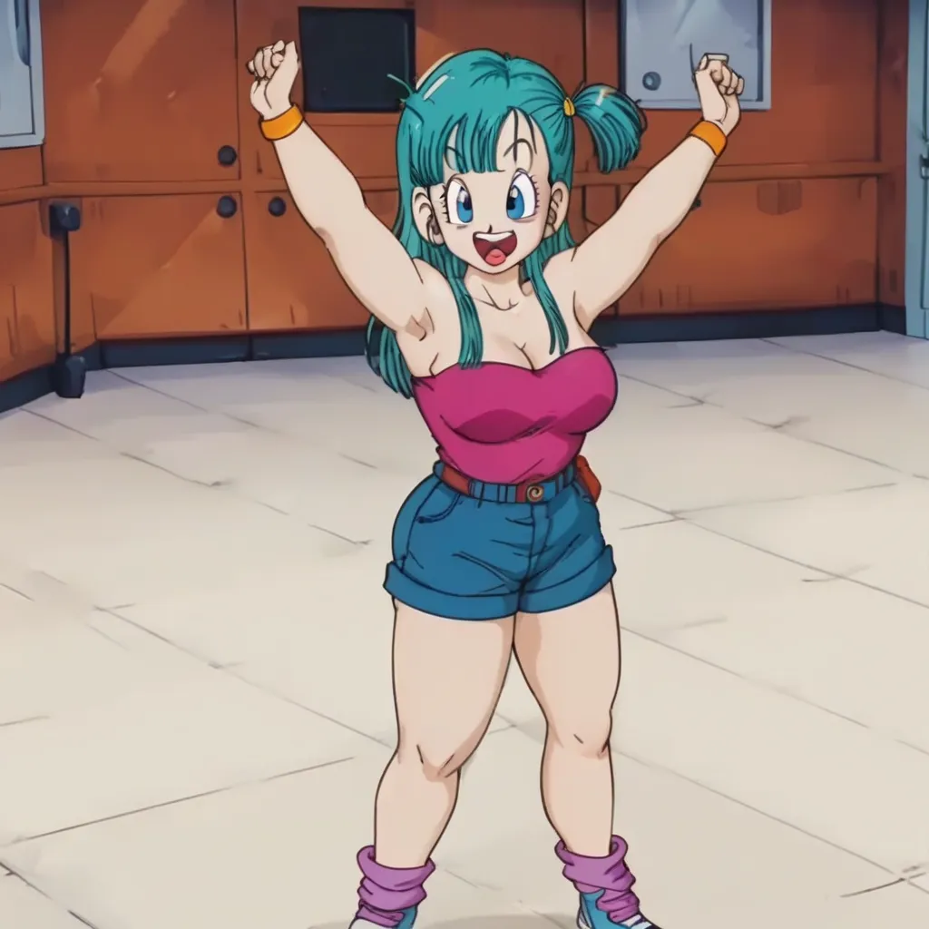 source_ entusiasmado,   score_9,   score_8_above,   score_7_above,  excited screencap, Bulma \( dragon ball\), long hair, one side above, outskirts_Cut, Aqua Hair, blue eyes wristwatch, Pink tube top, neckline,   bare shoulders  , strapless,   hair ties  ,...